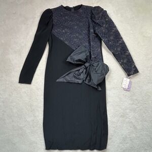VTG 70s Mollie Parnis Studio Midi Dress Dead Stock Long Sleeve Black Lace Bow 8